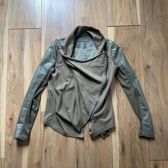 Blank NYC Draped Faux Leather Asymmetrical Jacket Olive Green S - Picture 9 of 11